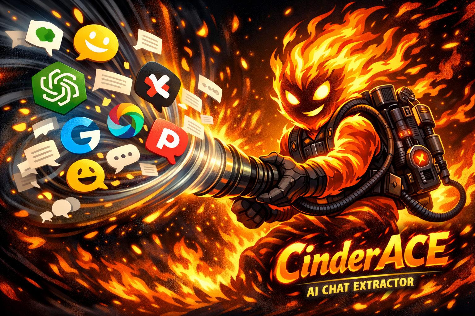 CinderACE promotional artwork: a flame character gathering AI conversations
